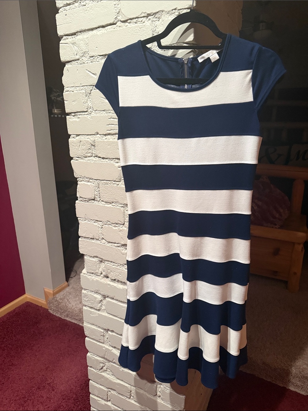 Boston Proper Navy and White Striped Cap-Sleeve Fit-and-Flare Midi Dress
